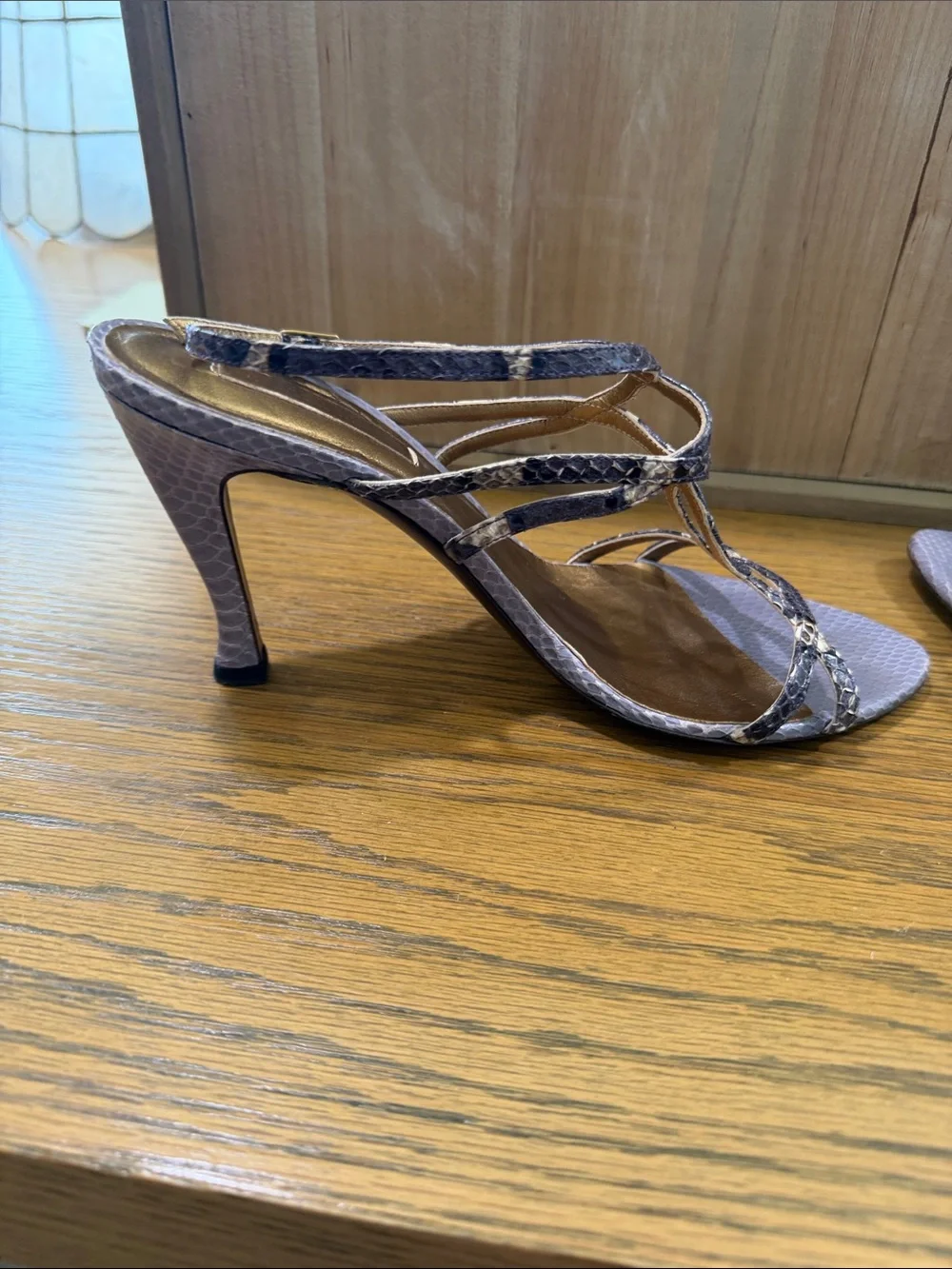 Bottega Veneta Lavender Snake-Effect Strappy Heels